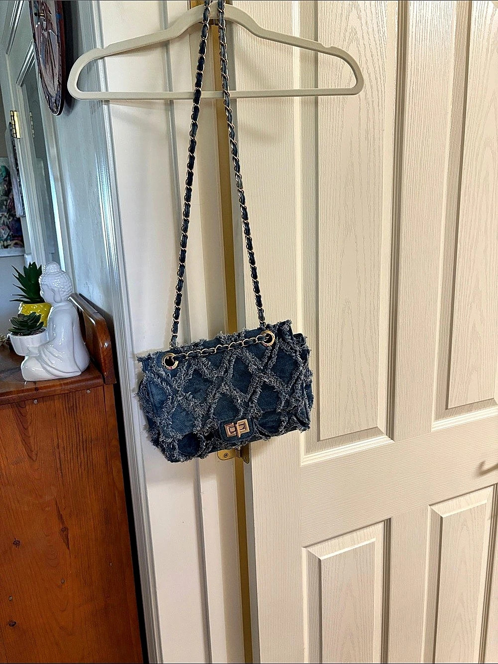 Denim Chain Shoulder Bag in Blue